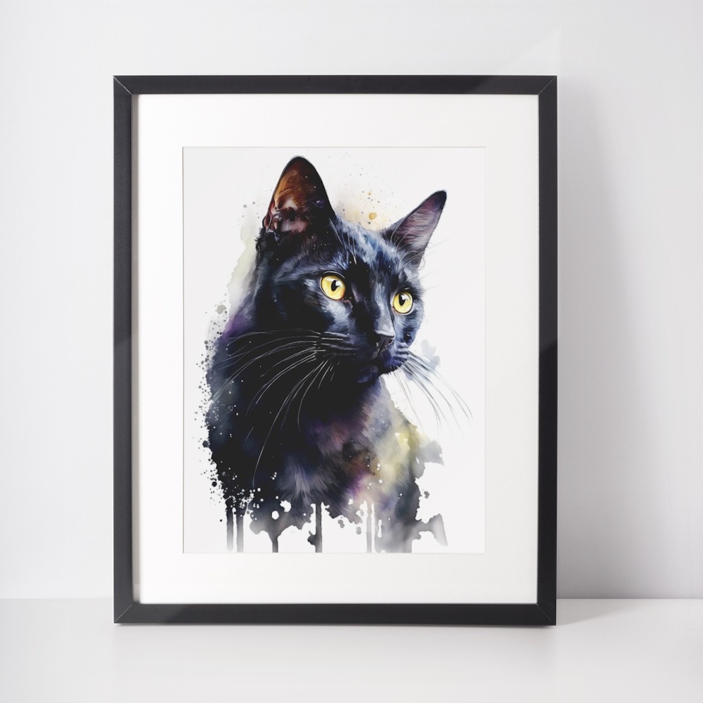 Black Cat Watercolor Wall Art Illustration Print Poster Card Unframed - Picture 2 of 6